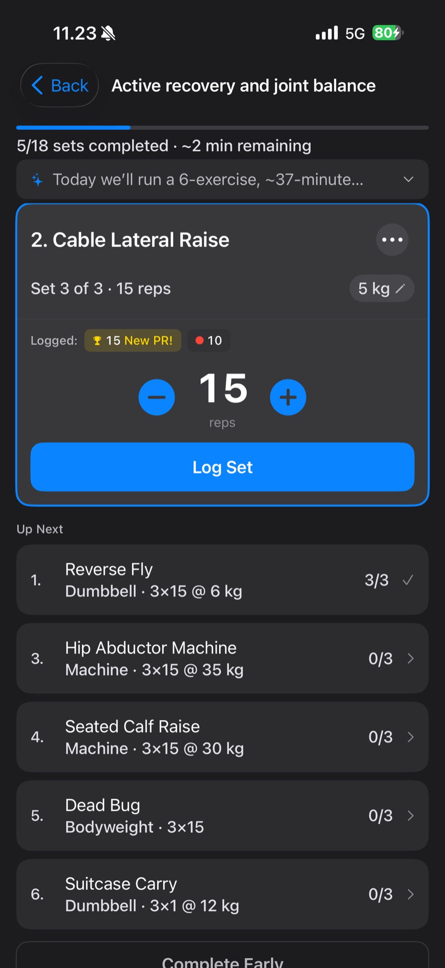 Live logging screen with per-set PI feedback and a new personal record