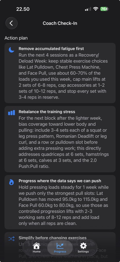 Coach Check-In action plan with impact-ordered recommendations: deload, rebalance training stress, and progress where data supports it