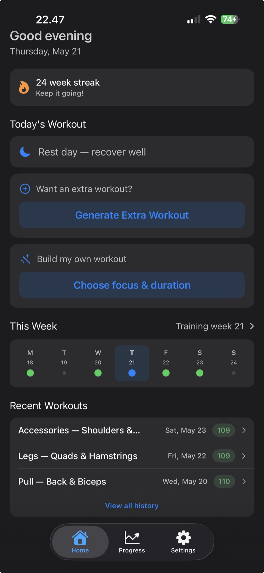 ProgressPilot home screen with today's plan, 24-week streak, weekly strip, and recent workouts