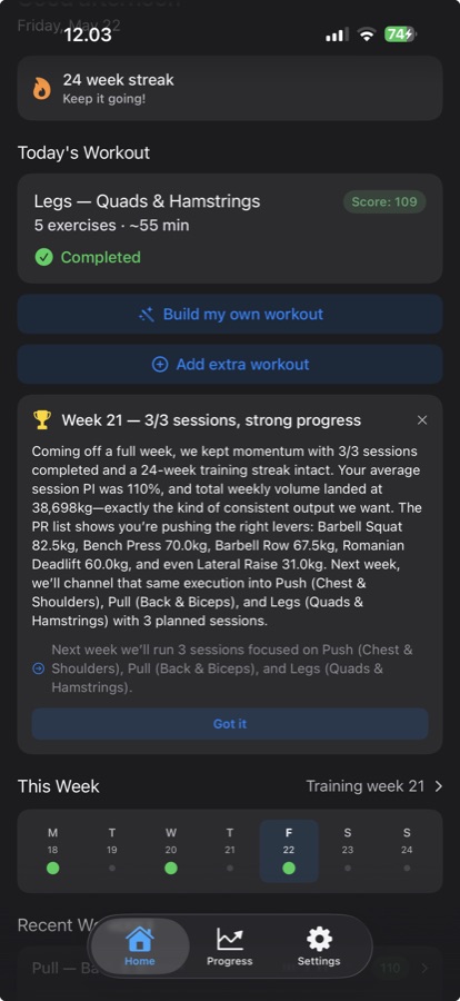 In-app weekly review modal recapping a 3-of-3 training week with PI average, tonnage, and PR highlights