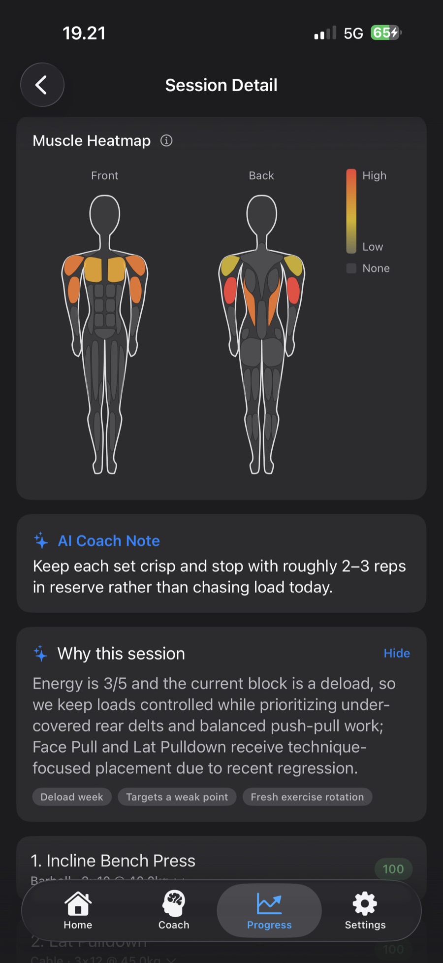 Session detail screen with a Why this session card explaining the coach's reasoning and factor chips for deload week, weak point and exercise rotation