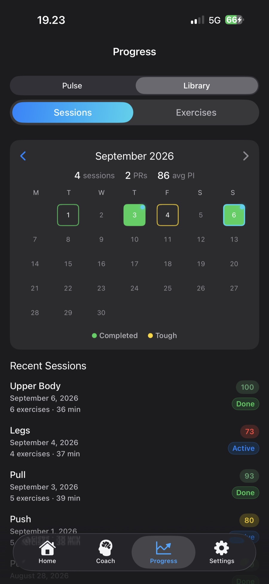 Library calendar for September with sessions colored green for completed and yellow for tough, PR markers, and a recent sessions list