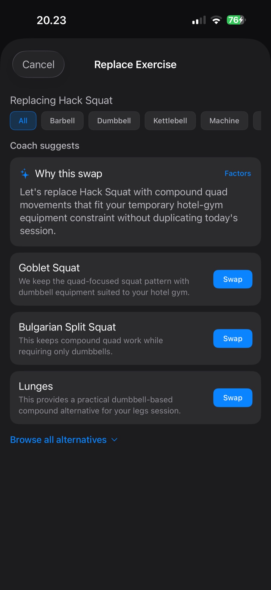 Replace Exercise sheet with a Why this swap explanation and three coach-suggested alternatives to hack squat, each with a reason and a Swap button