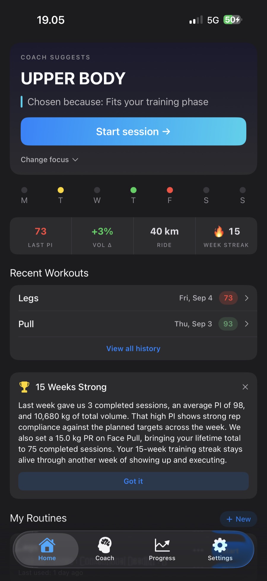 Home screen with a Weekly Recap card summarizing last week: three sessions, an average PI of 98, total volume, a PR, and the training streak